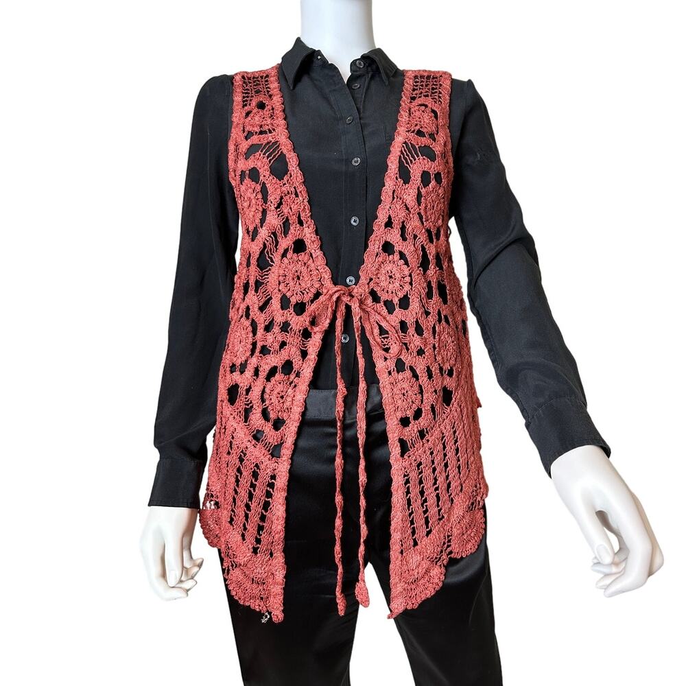 Pretty Angel Women's Crochet Vest Front Open Top Rust/Blue Fringe Bottom L & XL
